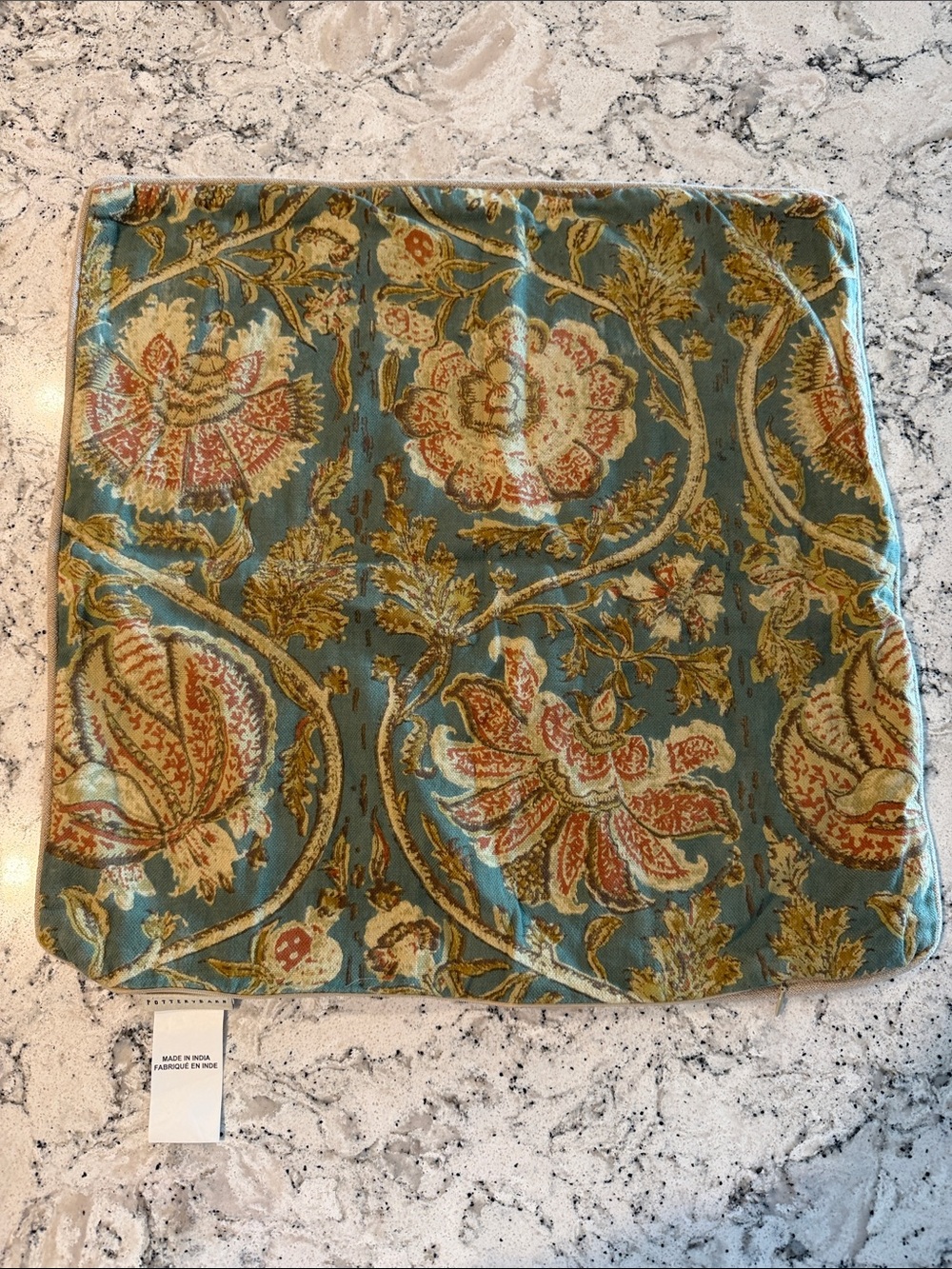 Pottery Barn Teal Floral Accent Pillow Cover with Gold and Rust Motif